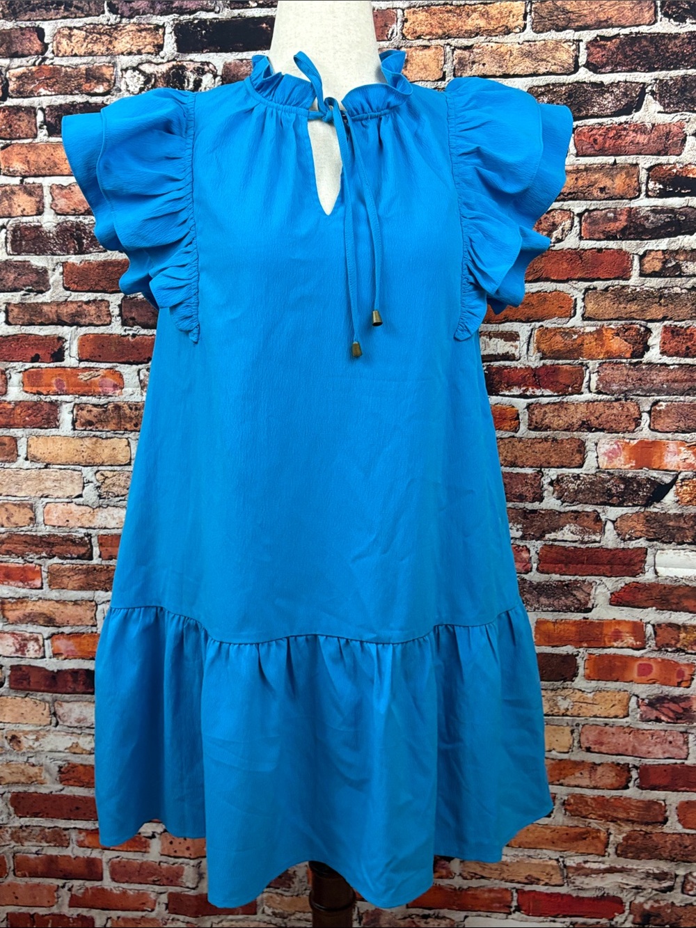 entro Vibrant Bright Blue Ruffle-Sleeve Tie-Neck Feminine Mini Dress Large